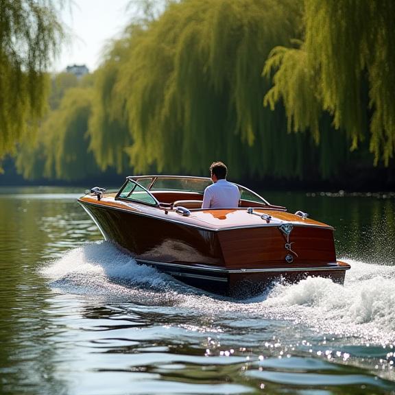 Piccola imbarcazione elegante con skipper su un fiume calmo