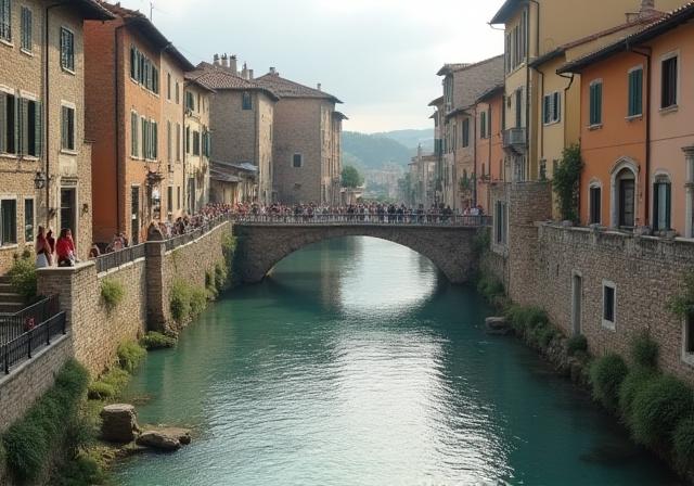 Gruppo di turisti che cammina lungo l'argine del fiume