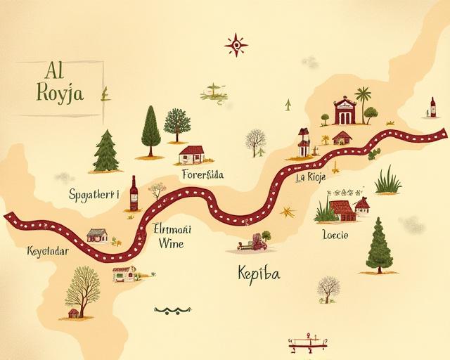 Mapa estilizado de las rutas del vino en La Rioja.