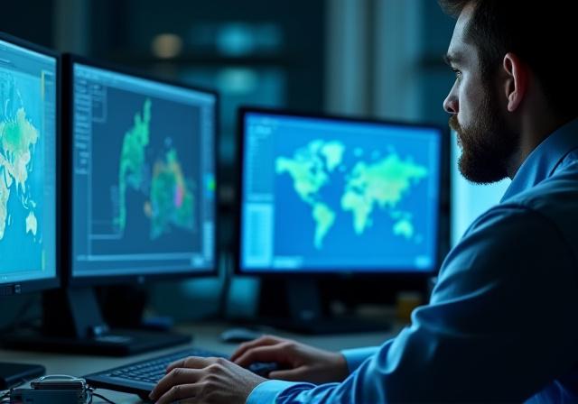 Un profesional trabajando en un complejo proyecto GIS en su pantalla.